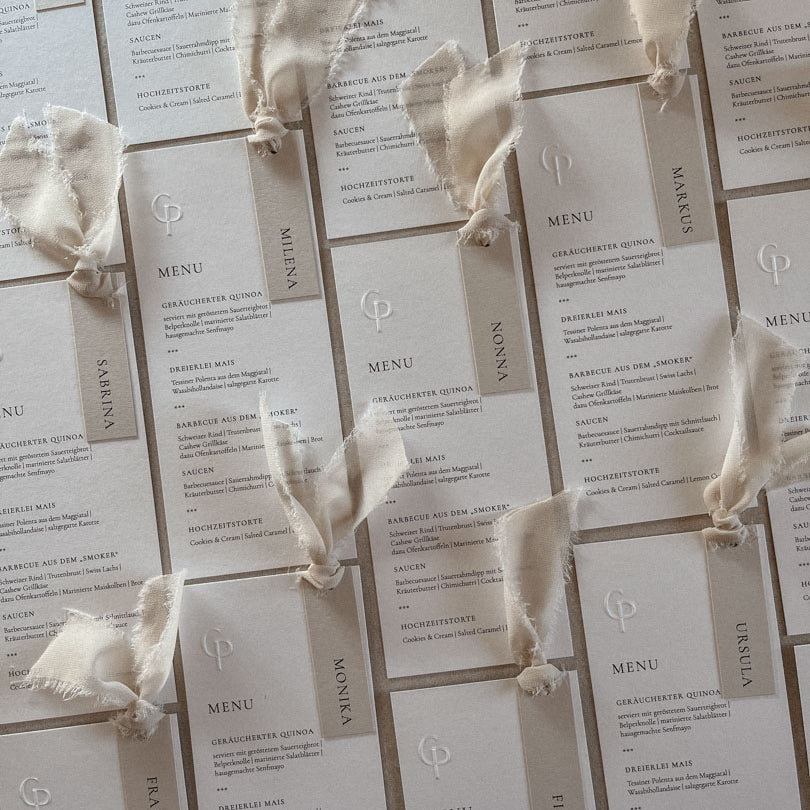 Menükarte für Hochzeit, Hochzeitspapeterie, Papeterie für Hochzeit, elegante Menükarten, menükarten hochzeit personalisiert, menükarten drucken lassen, Menükarten mit Prägung
