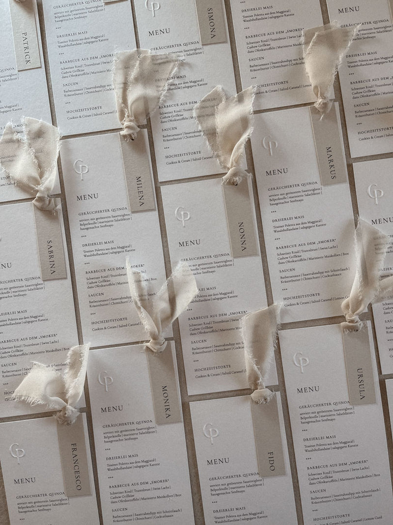 Menükarte für Hochzeit, Hochzeitspapeterie, Papeterie für Hochzeit, elegante Menükarten, menükarten hochzeit personalisiert, menükarten drucken lassen, Menükarten mit Prägung
