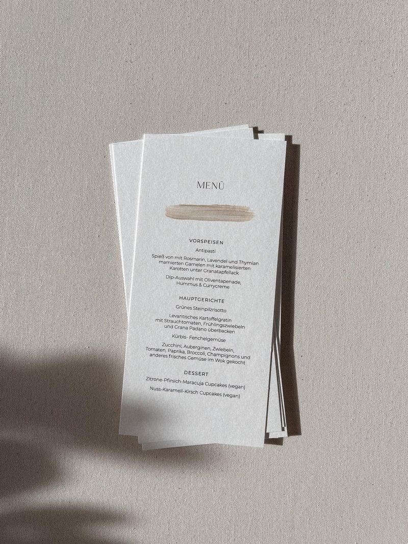 Menükarte für Hochzeit, Hochzeitspapeterie, Papeterie für Hochzeit, elegante Menükarten, menükarten hochzeit personalisiert, menükarten drucken lassen

menükarten hochzeit boho / vintage / modern

hochzeitsmenü stilvoll präsentieren

tischdekoration hochzeit mit menükarten