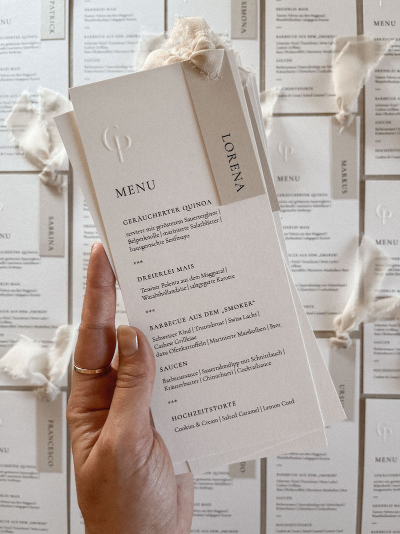 Menükarte für Hochzeit, Hochzeitspapeterie, Papeterie für Hochzeit, elegante Menükarten, menükarten hochzeit personalisiert, menükarten drucken lassen, Menükarten mit Prägung 
